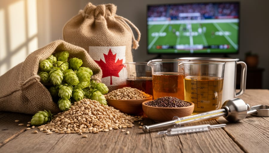 Overhead view of brewing ingredients including malt grains, hops, and brewing notes on wooden surface