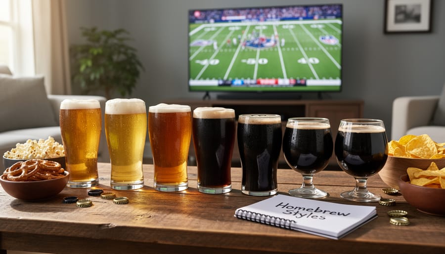 Three glasses of different homebrew beer styles ranging from light blonde to dark stout