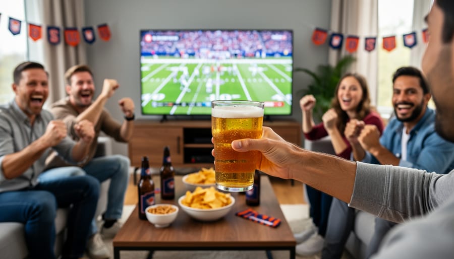 Hands pouring amber homebrew beer into glasses with sports game on TV in background
